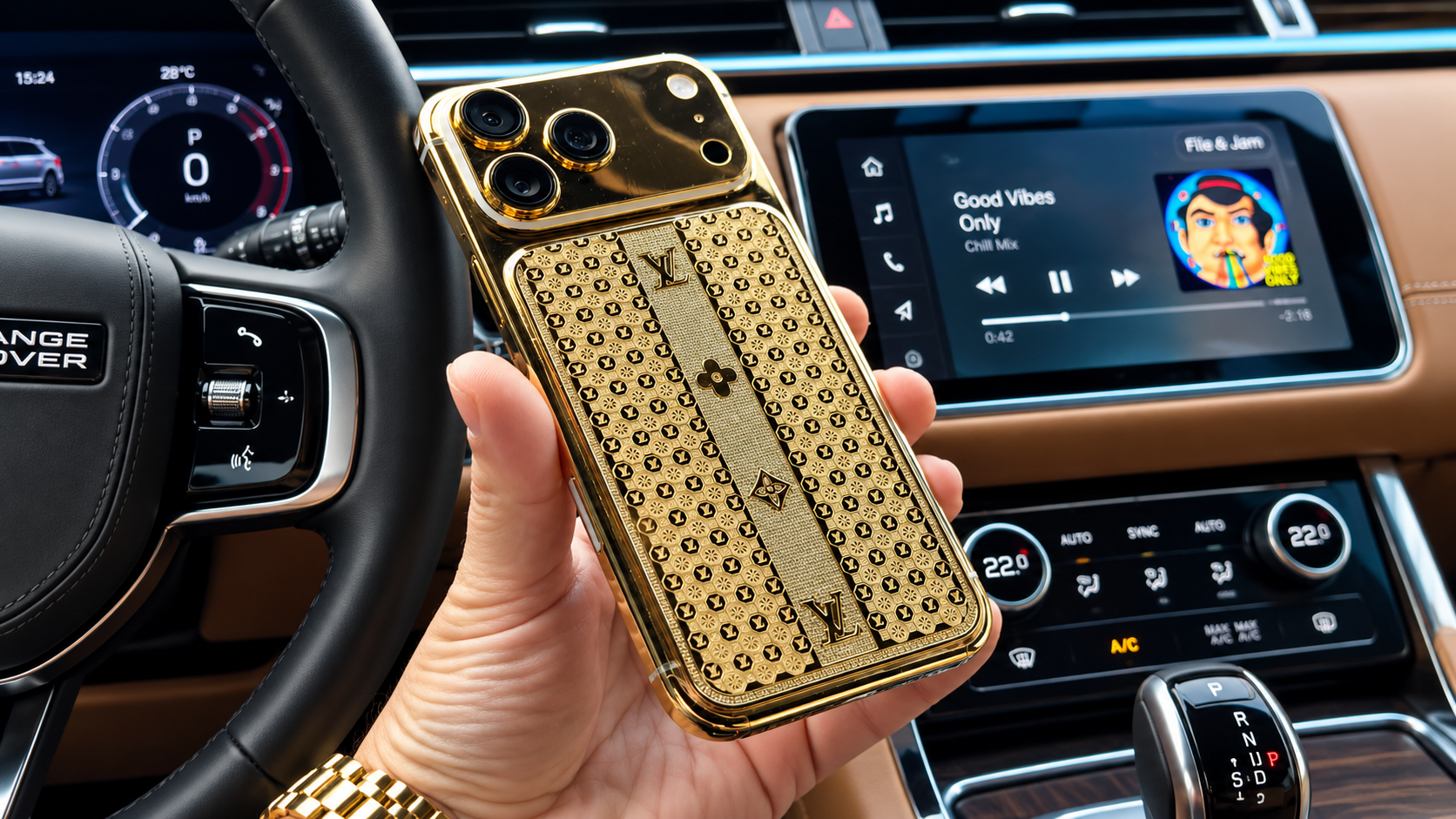 iPhone 17 Pro Max 256GB LV 24K Edition — em contexto