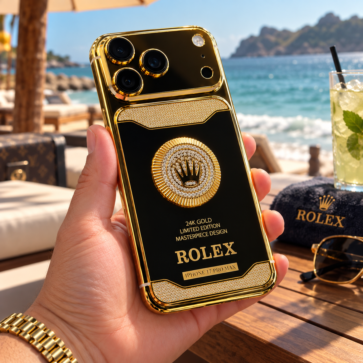 iPhone 17 Pro Max 256GB Rolex 24K Edition — vista lateral