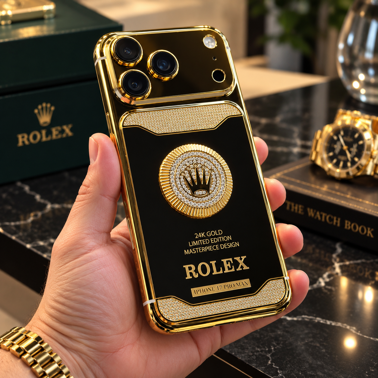 iPhone 17 Pro Max 256GB Rolex 24K Edition — detalhe macro