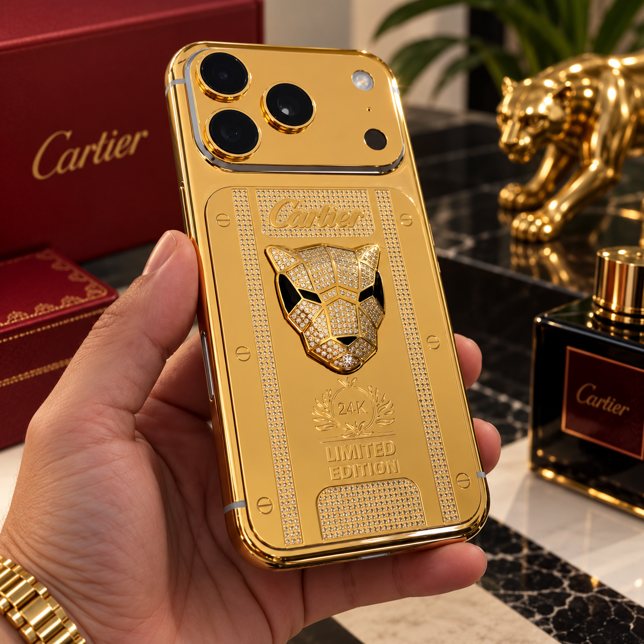 iPhone 17 Pro Max 256GB Cartier 24K Edition — detalhe macro